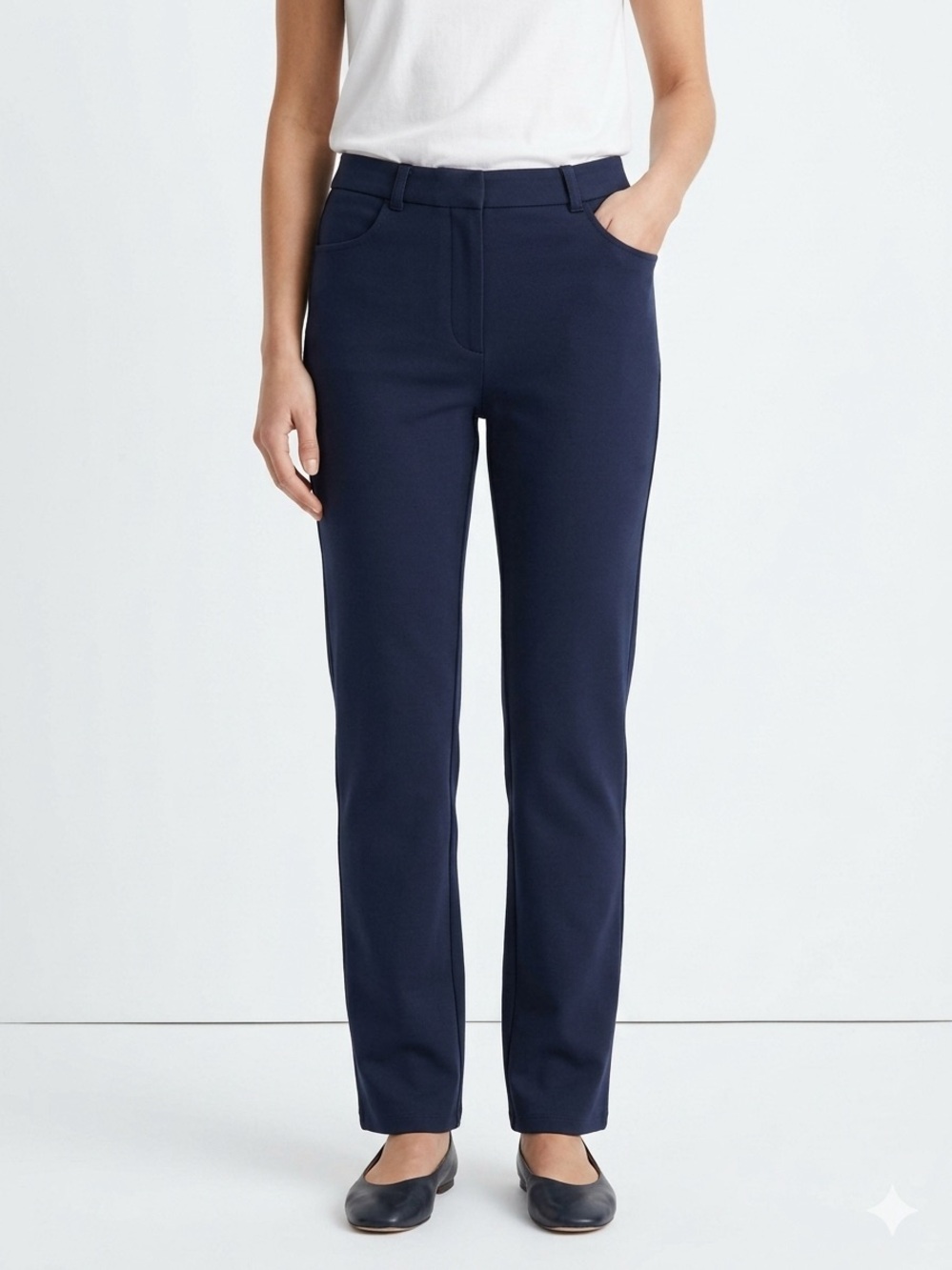 Quince Ultra-Stretch Ponte Straight Leg 4-Pocket Pants Navy Large L Quiet Luxury